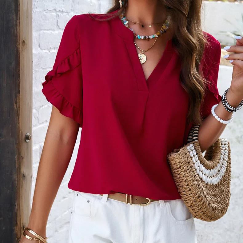 casual v-neck ruffled top, view 6 - MRSLM
