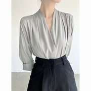 women's v-neck satin shirt top, view 7 - MRSLM