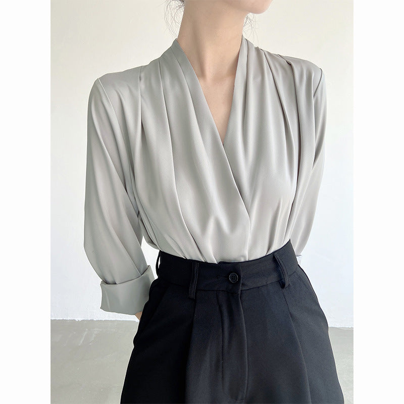 women's v-neck satin shirt top, view 7 - MRSLM