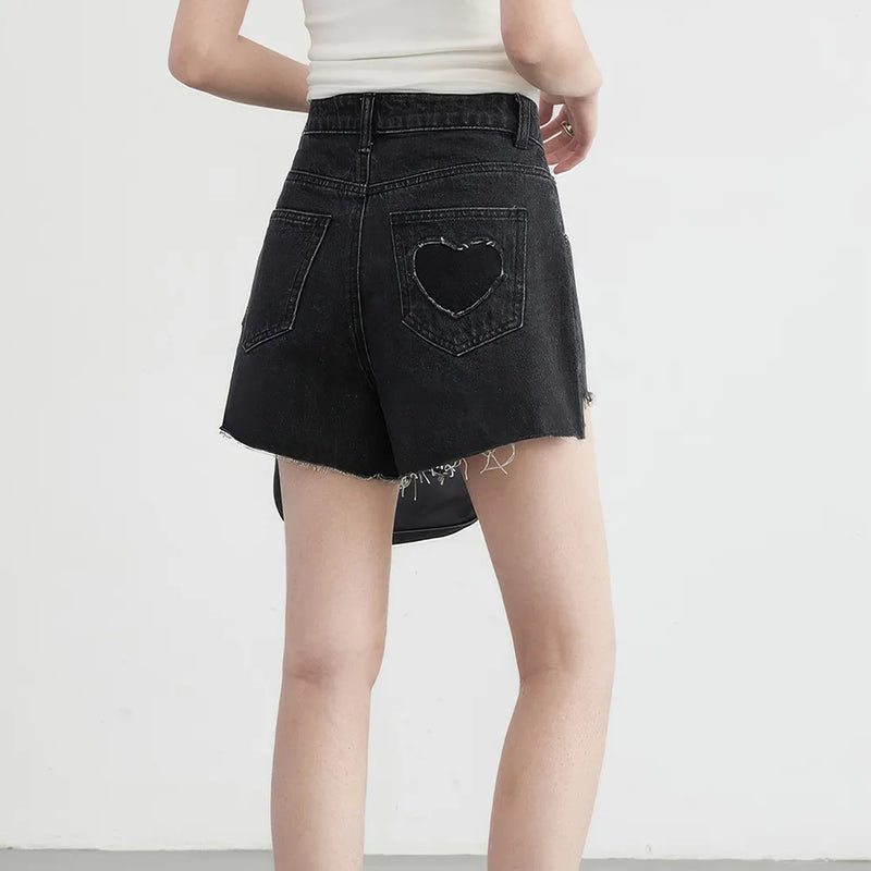 high waist asymmetric hem denim shorts, view 4 - MRSLM