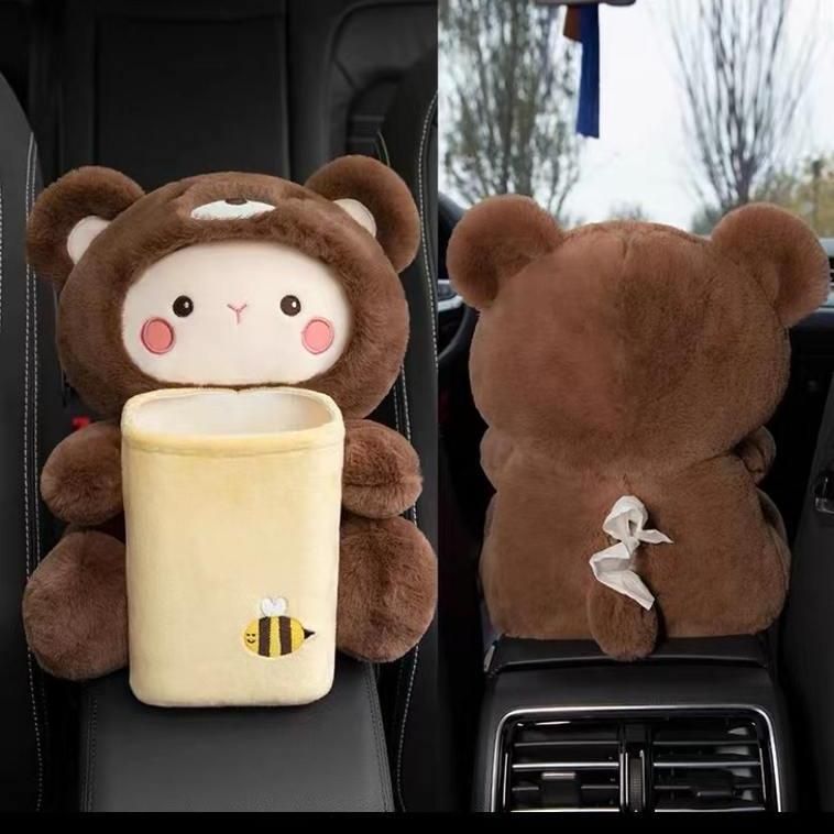 Plush Cartoon Car Tissue Holder & Armrest Organizer