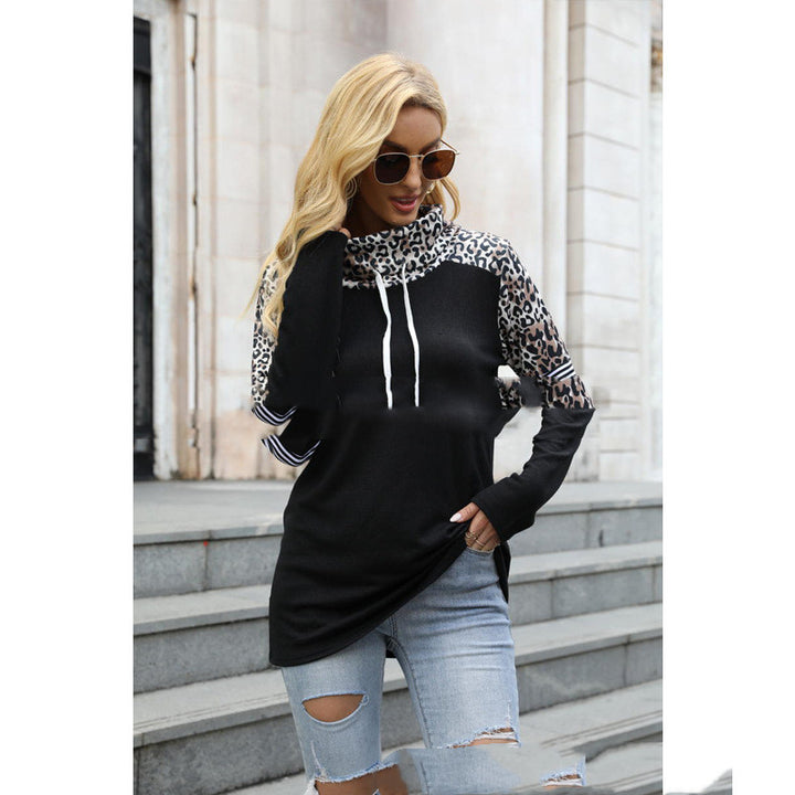 New Leopard Color Contrast High Neck Long Sleeve Sweatshirt