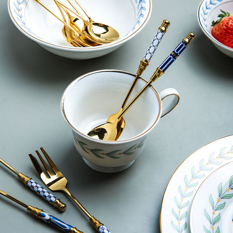 vintage gold ceramic dessert fork and spoon set, view 14 - MRSLM