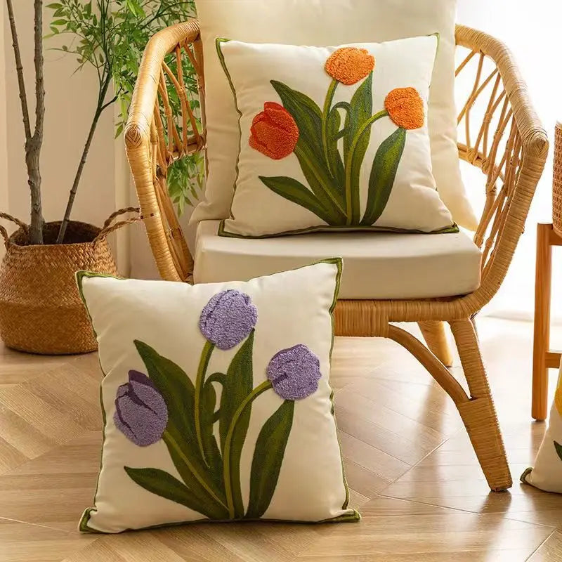 floral embroidered tulip and orchid cushion cover, view 7 - MRSLM