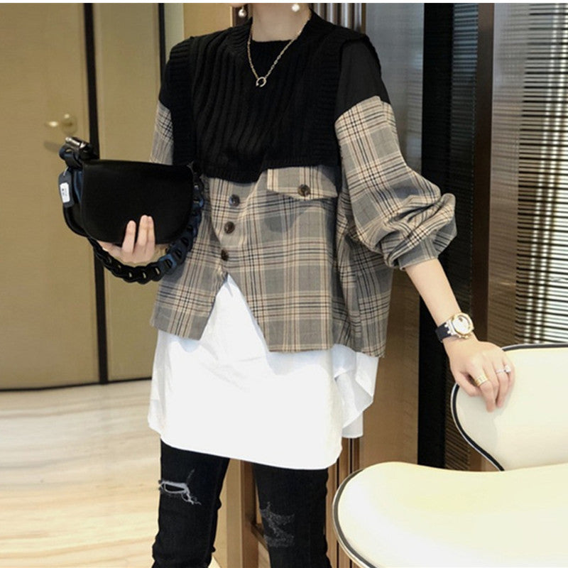 women's shirt splicing fake two-piece knitwear, view 2 - MRSLM