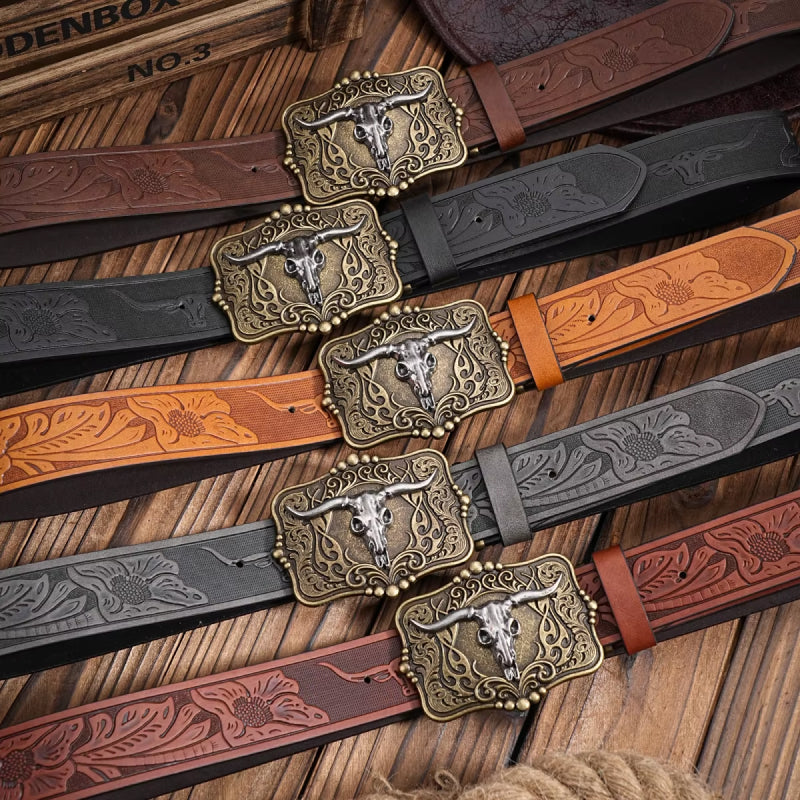 western cowboy pu leather belt with bull decoration - MRSLM