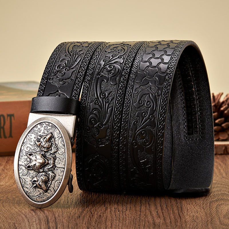 men's 3.5CM retro leather belt wolf buckle, view 7 - MRSLM