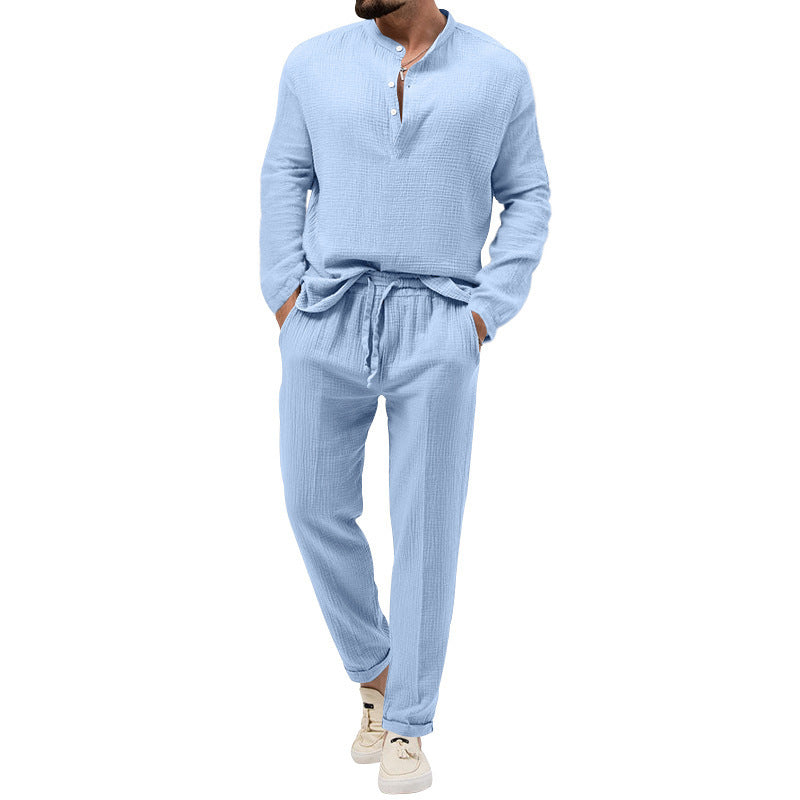 men's solid long-sleeve shirt and trousers set, view 4 - MRSLM