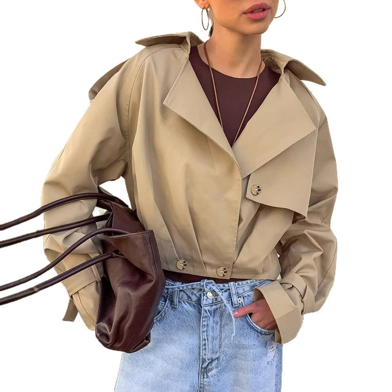 women's khaki double-breasted blazer collar coat, view 5 - MRSLM