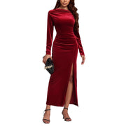 women's red velvet slit formal dress, view 5 - MRSLM