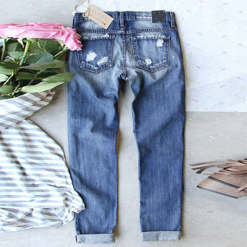 Women's Ripped Jeans with Printed Patch, Casual Trousers