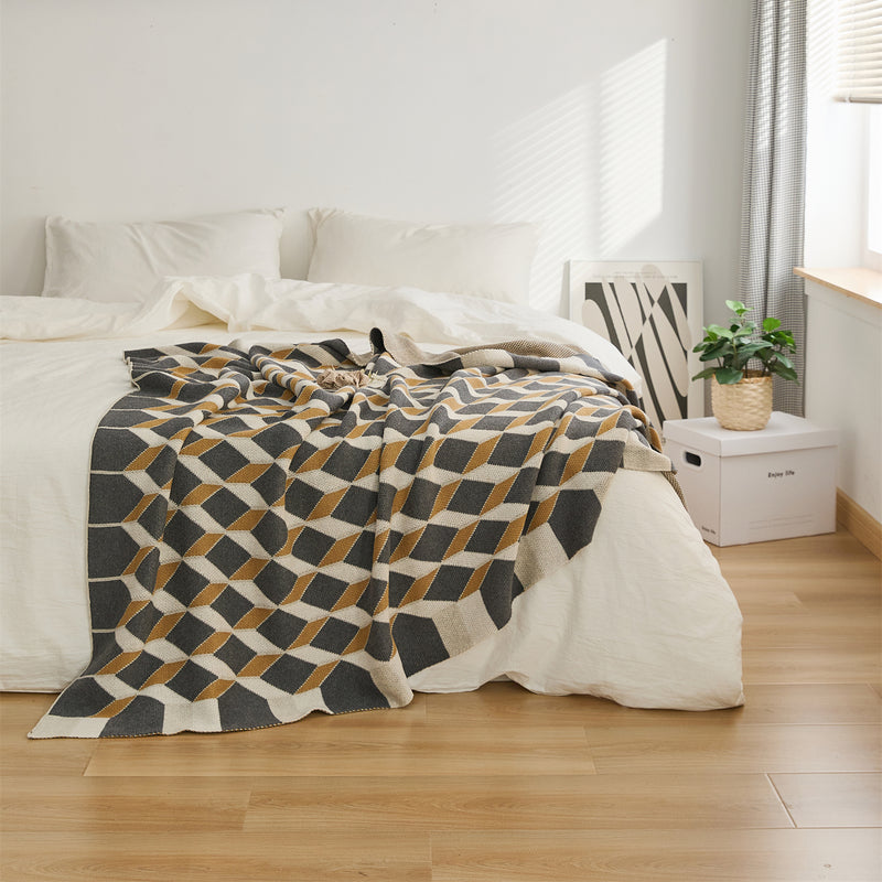 3d cube cotton knitted plaid blanket, view 3 - MRSLM