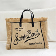 embroidered straw tote, view 4 - MRSLM