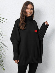women's loose turtleneck sweater with heart patches, view 3 - MRSLM
