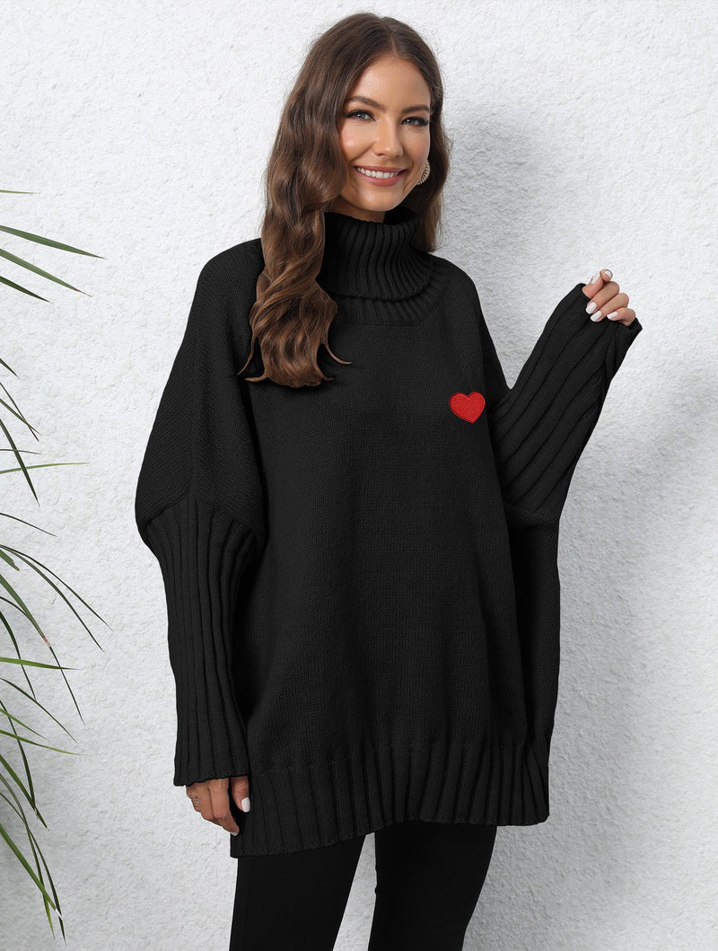 women's loose turtleneck sweater with heart patches, view 3 - MRSLM