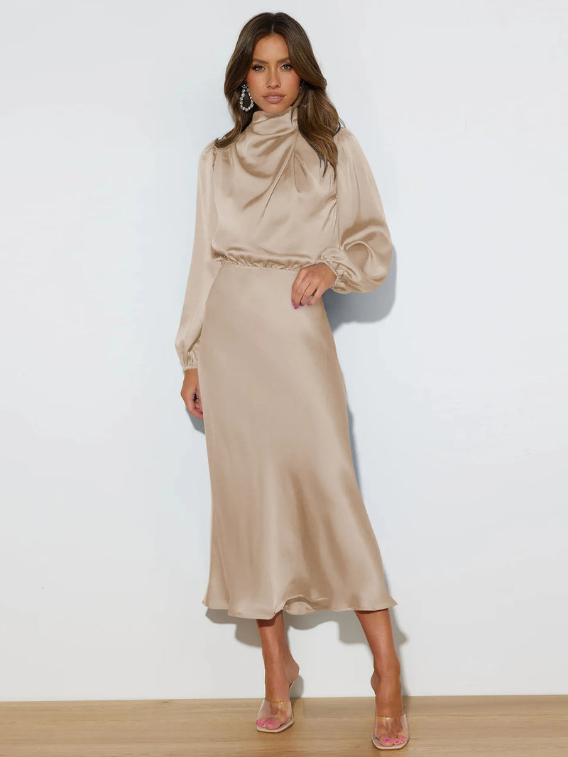 elegant satin ruched slim dress, view 2 - MRSLM