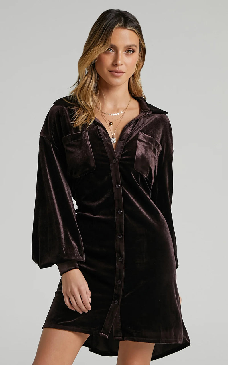 women's velvet long sleeve mini dress, view 2 - MRSLM