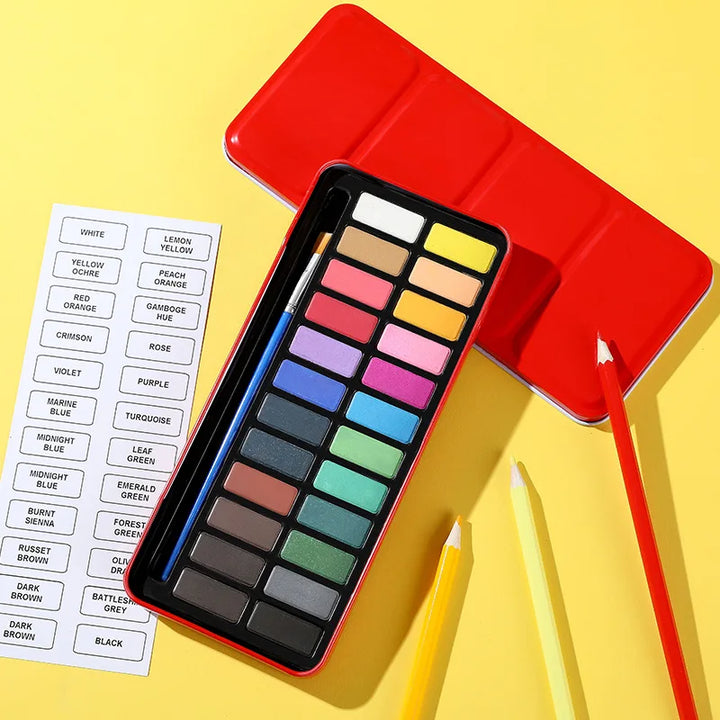 12/18/24 Colors Solid Watercolor Paint Set with Red Iron Box – Premium Gouache Watercolor for Kids &amp; Beginners