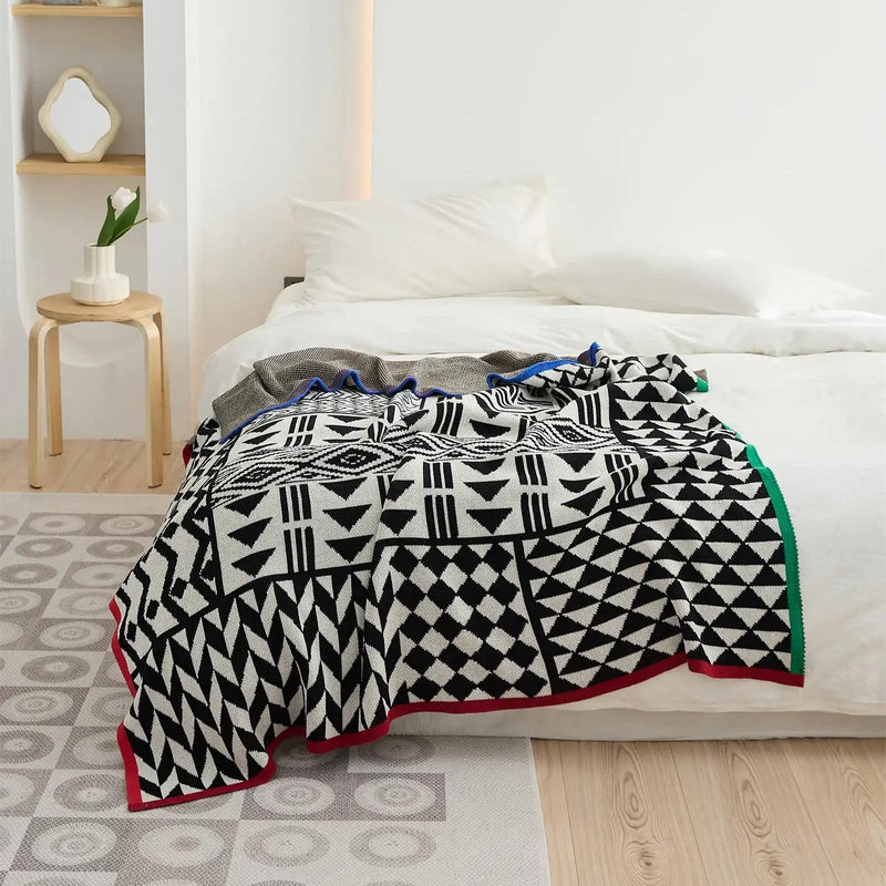 geometric pattern cotton blanket with stripe edge, view 4 - MRSLM