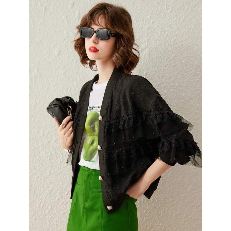 women's mesh lace beaded v-neck coat, view 4 - MRSLM