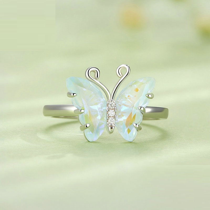 s925 silver iridescent butterfly crystal ring, view 3 - MRSLM