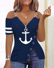 anchor print v-neck zipper t-shirt, view 4 - MRSLM