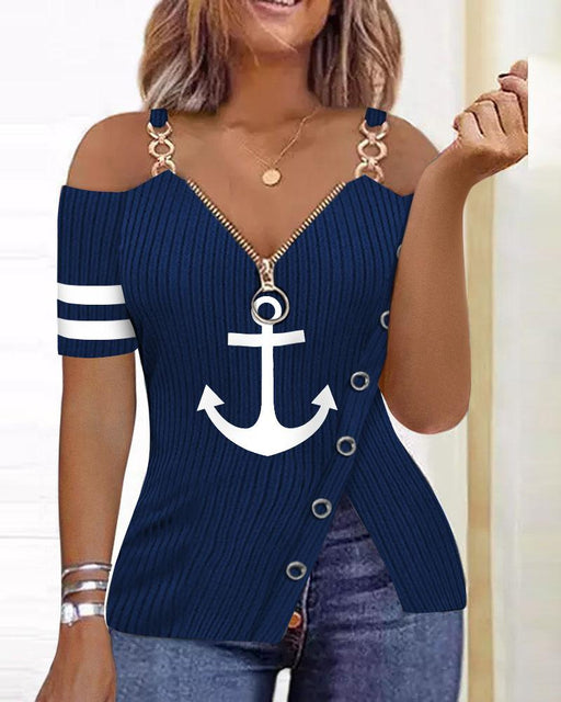 anchor print v-neck zipper t-shirt, view 4 - MRSLM