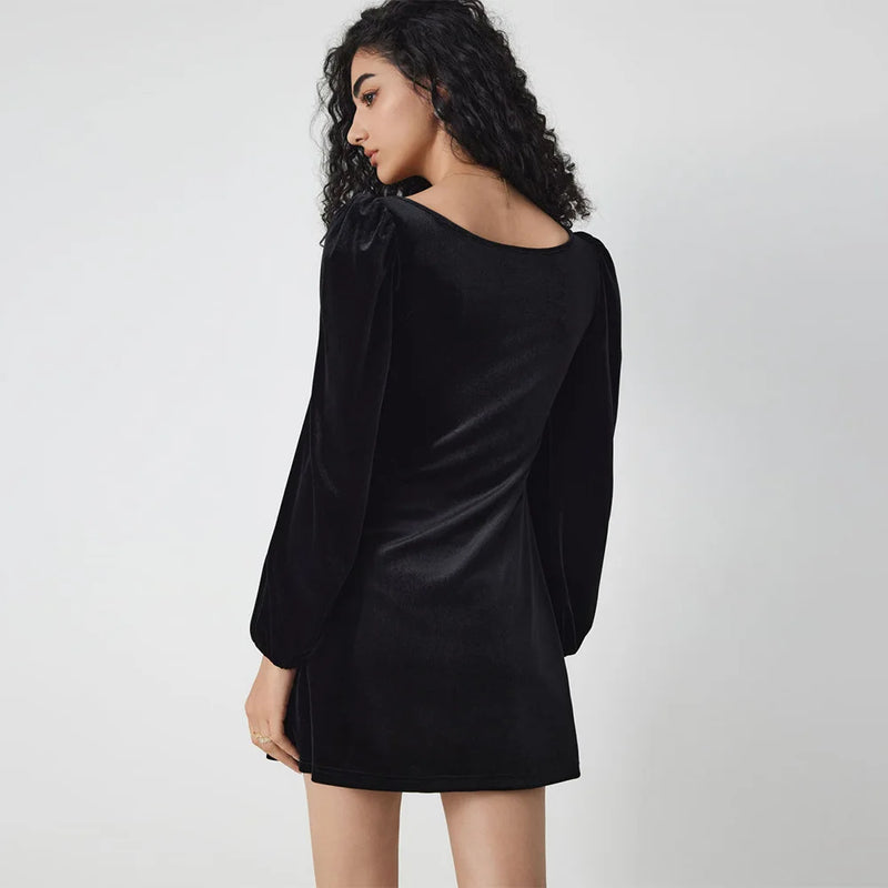 velvet square neck mini dress, view 3 - MRSLM