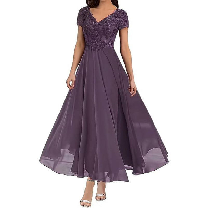 Women's long evening dress with short sleeves, view 3 - MRSLM