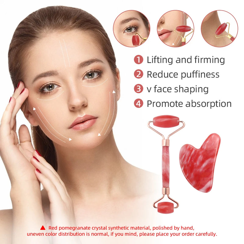 red crystal roller and gua sha set, view 3 - MRSLM