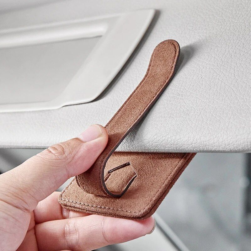 Multi-Function Suede Leather Car Sunglasses Holder with Magnetic Clip