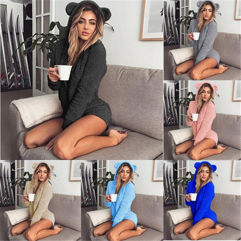 Women's hooded fleece lounge dress with ears - MRSLM