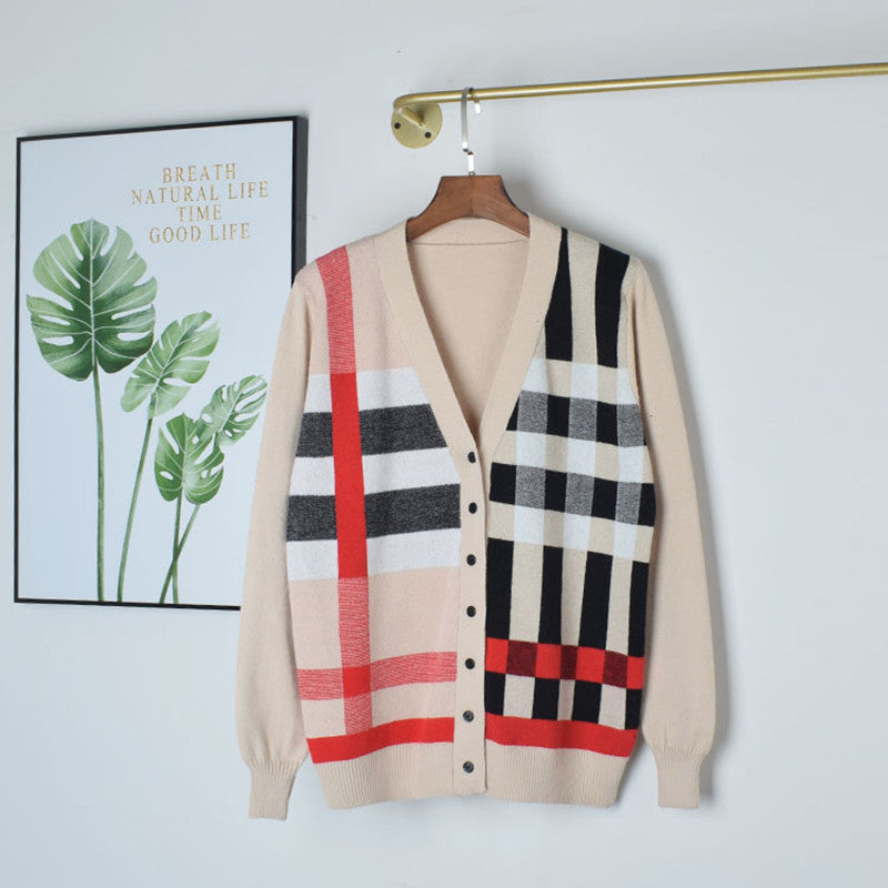 Women's V-neck geometric knit cardigan, view 5 - MRSLM
