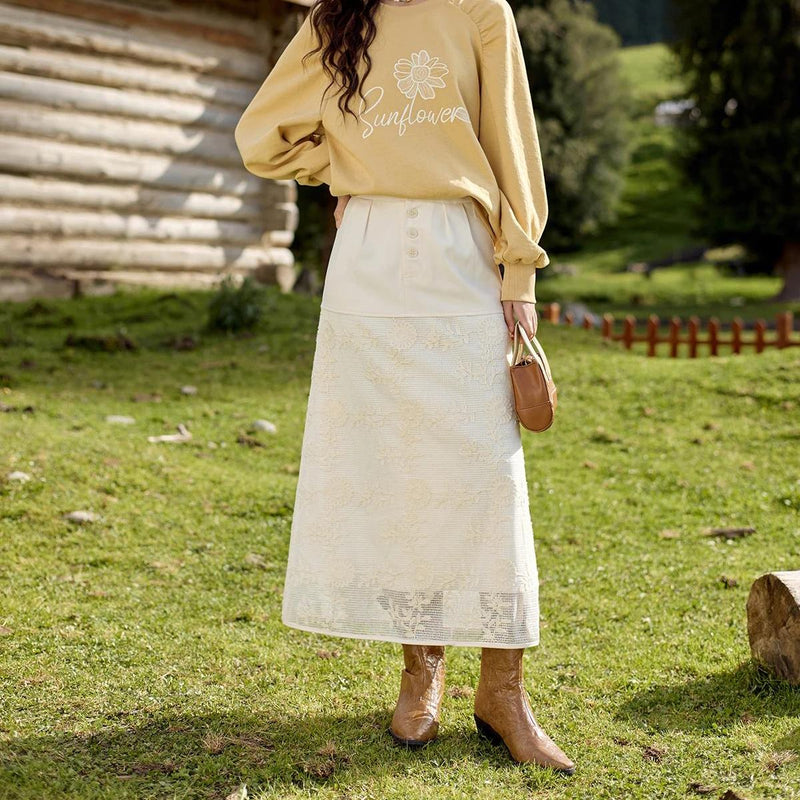 lace embroidery a-line patchwork skirt - MRSLM