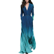 long sleeve v-neck gradient green dress with belt, view 3 - MRSLM