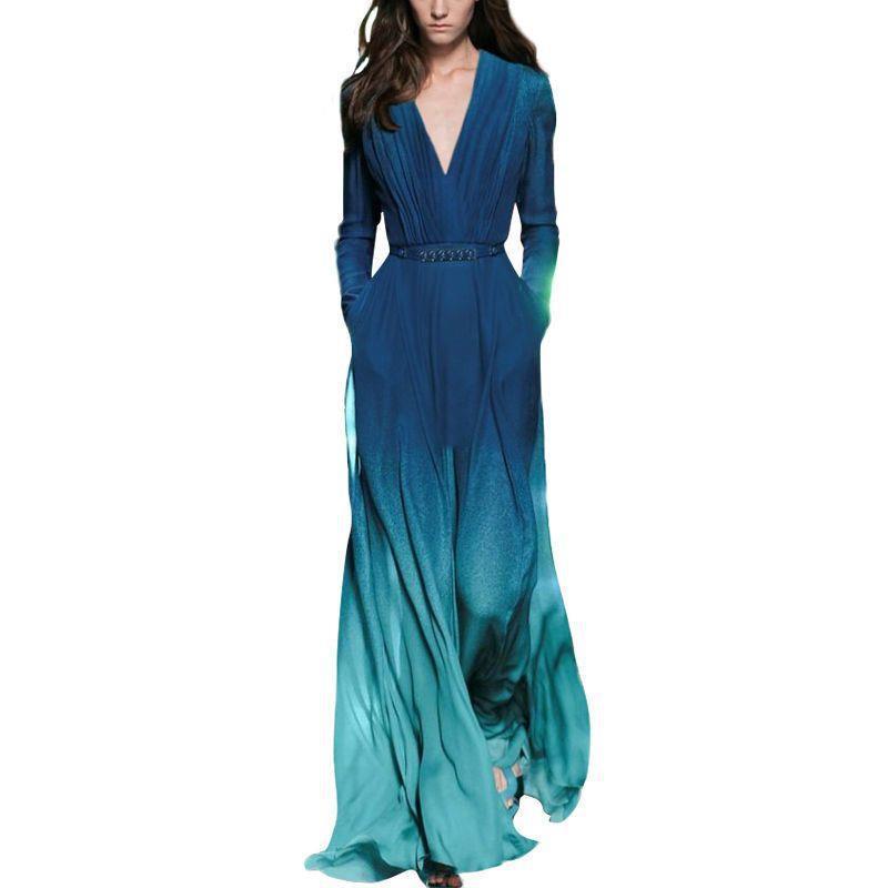 long sleeve v-neck gradient green dress with belt, view 3 - MRSLM