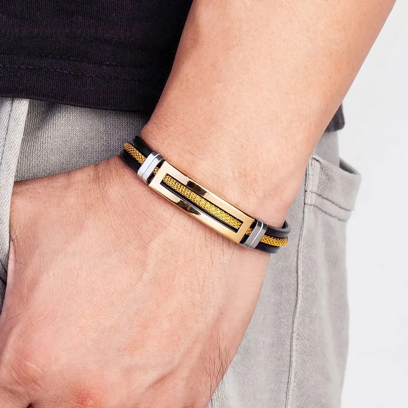 Men's steel and silicone bracelet with gold chain, view 3 - MRSLM