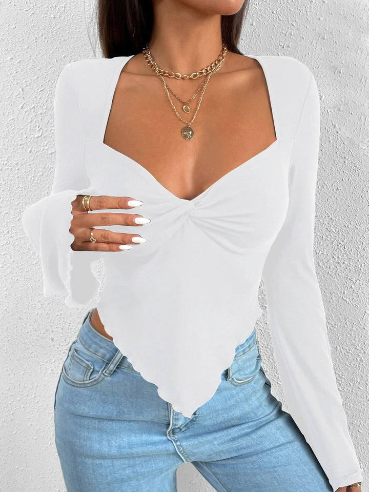 V-neck Flared Sleeves Waist Trimming Knitted Long Sleeve T-shirt