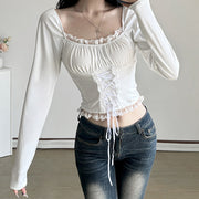 square collar lace long sleeve top, view 3 - MRSLM