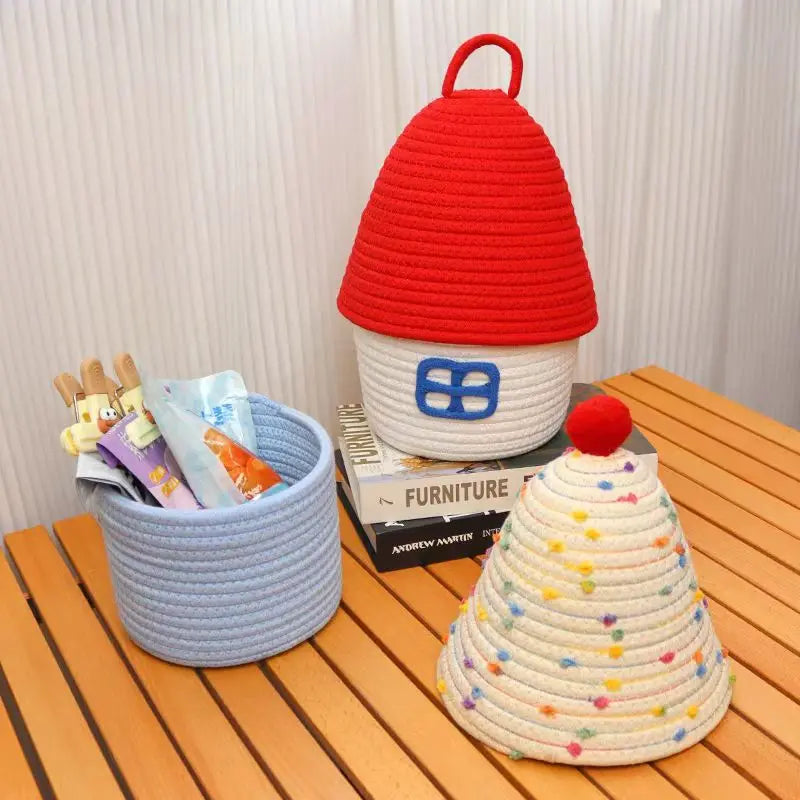 small round woven rope basket with lid, view 7 - MRSLM
