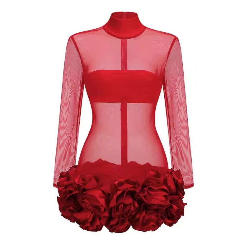 Women's red turtleneck long sleeve dress, view 5 - MRSLM