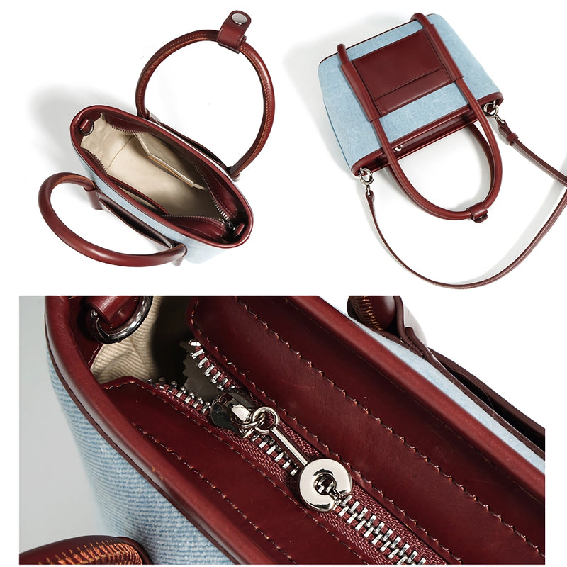 Mini denim and leather crossbody tote, view 5 - MRSLM