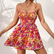 Women's floral print lace-up back short dress, view 5 - MRSLM