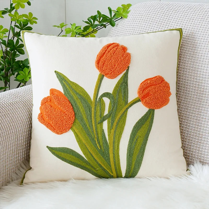 floral embroidered tulip and orchid cushion cover, view 2 - MRSLM