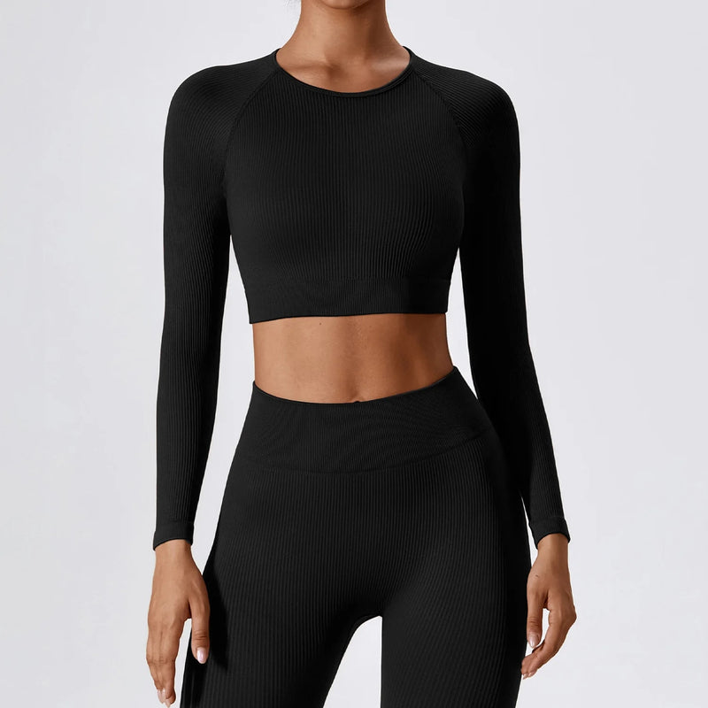 Women's ribbed long sleeve yoga crop top, view 19 - MRSLM