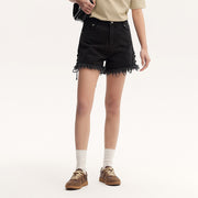 women's black rolled edge cotton shorts, view 3 - MRSLM