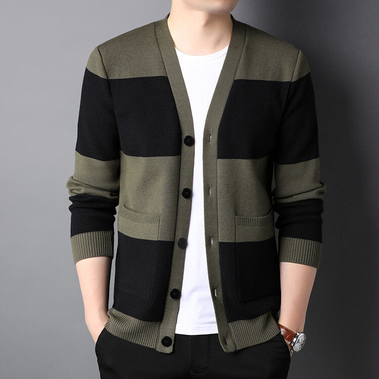 Spring And Autumn Men's Striped Cardigan Single-breasted Long Sleeve Color Matching Casual Sweater Coat
