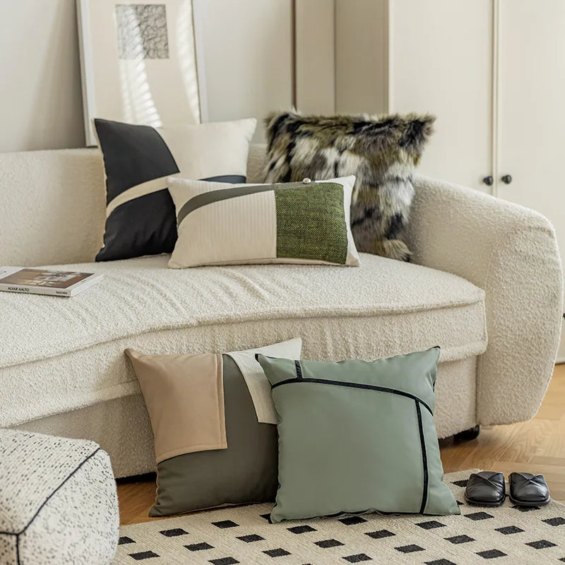 patchwork pu leather cushion cover, view 9 - MRSLM
