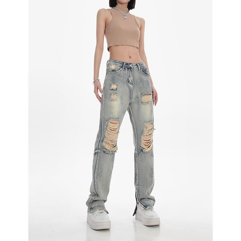 High waist ripped straight jeans for women, view 2 - MRSLM