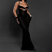 Deep V strap hollow slim fit dress, view 2 - MRSLM